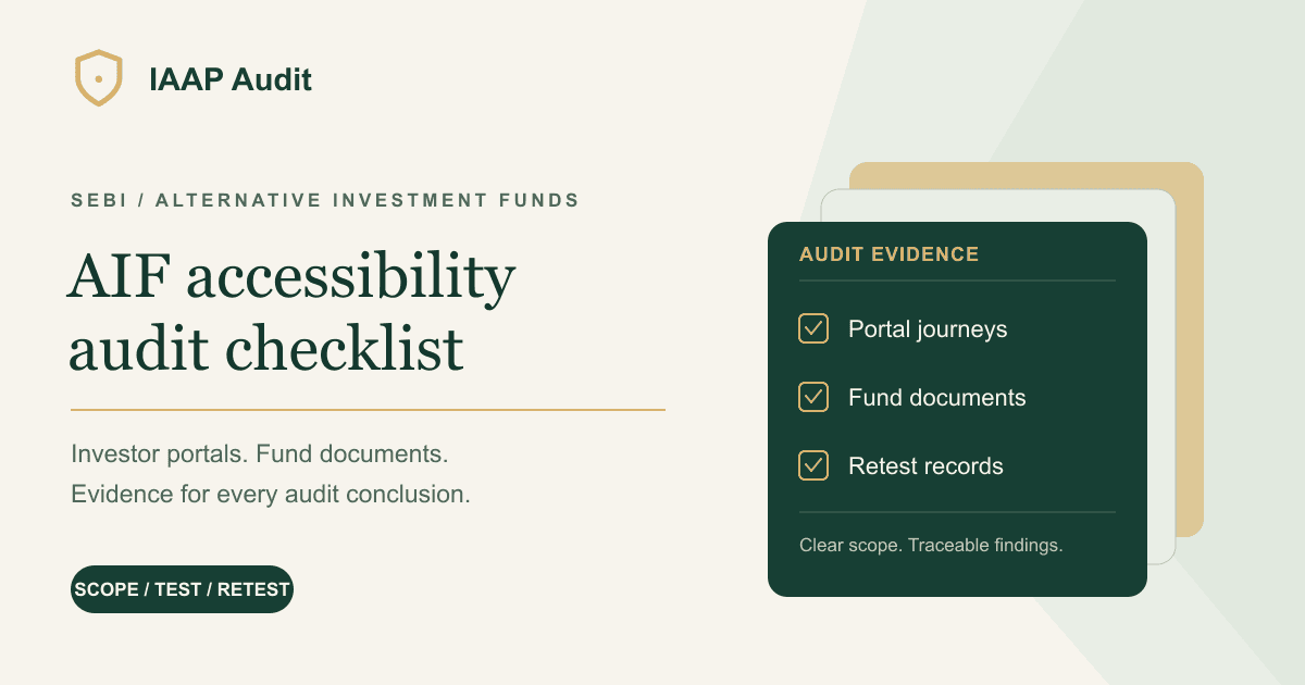 AIF accessibility audit checklist showing investor portals, fund documents, and retest evidence